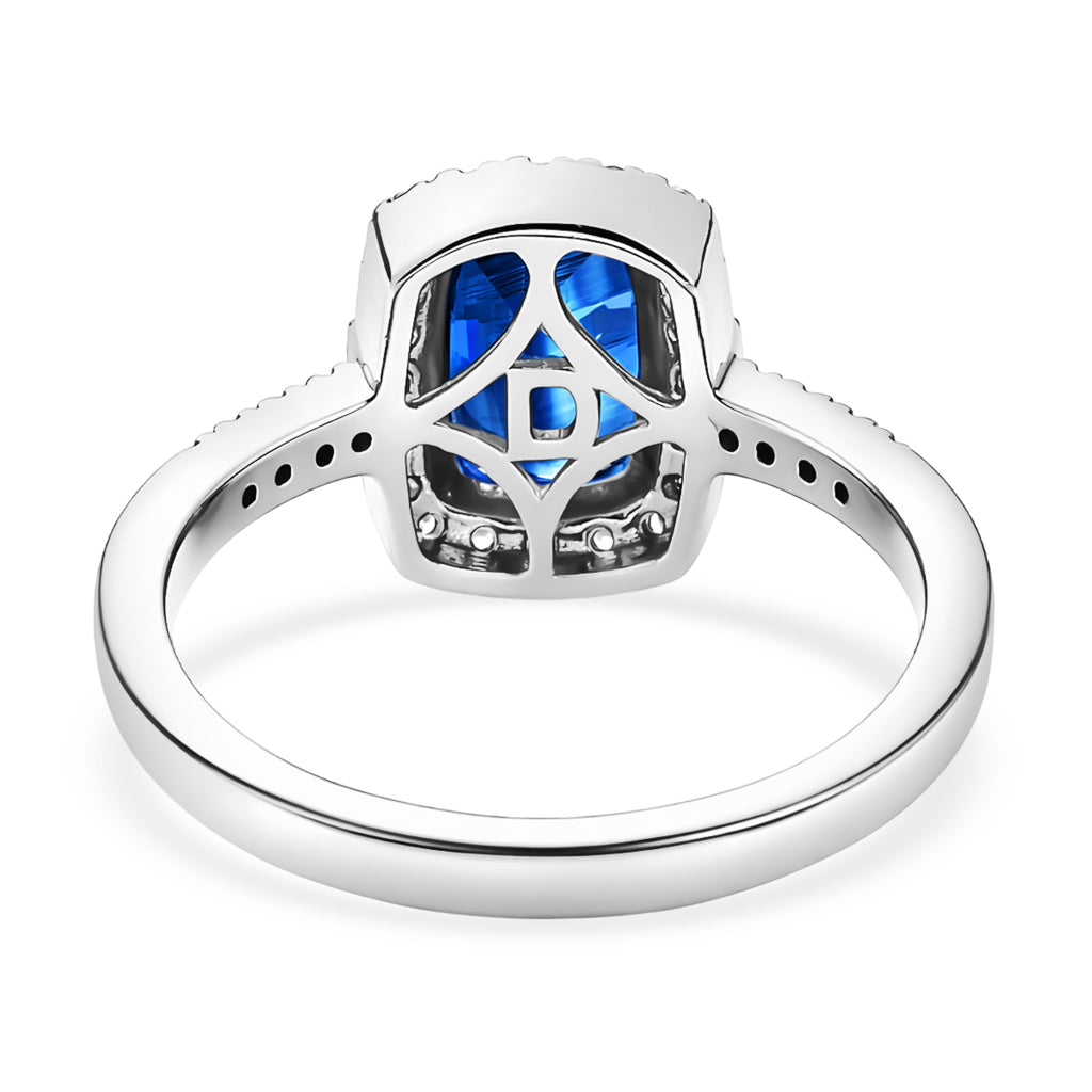 D'Joy AAA Natural Kashmir Kyanite & White Zircon Cushion Cut Halo Ring in Rhodium Overlay Sterling Silver 2.21 Ct._8477530_4