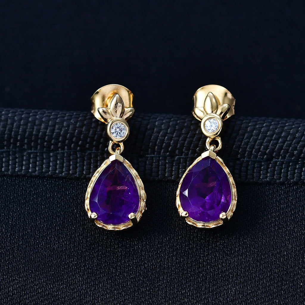 D'Joy AAA African Amethyst & White Zircon Dangling Earring with Push Post in Yellow Gold Plated Sterling Silver 3.02 Ct._8477629_2