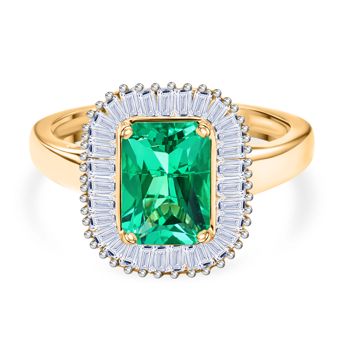 LUXURIANT AAAA Lab Grown Colombian Emerald, Lab Grown Diamond Halo Ring in 18K Vermeil Yellow Gold Plated Sterling Silver 1.83 Ct. (SI-GH) V32535036 0