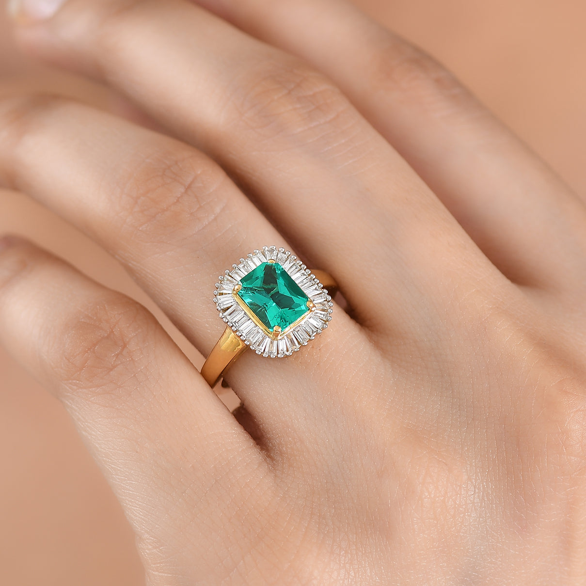 LUXURIANT AAAA Lab Grown Colombian Emerald, Lab Grown Diamond Halo Ring in 18K Vermeil Yellow Gold Plated Sterling Silver 1.83 Ct. (SI-GH) V32535036 2