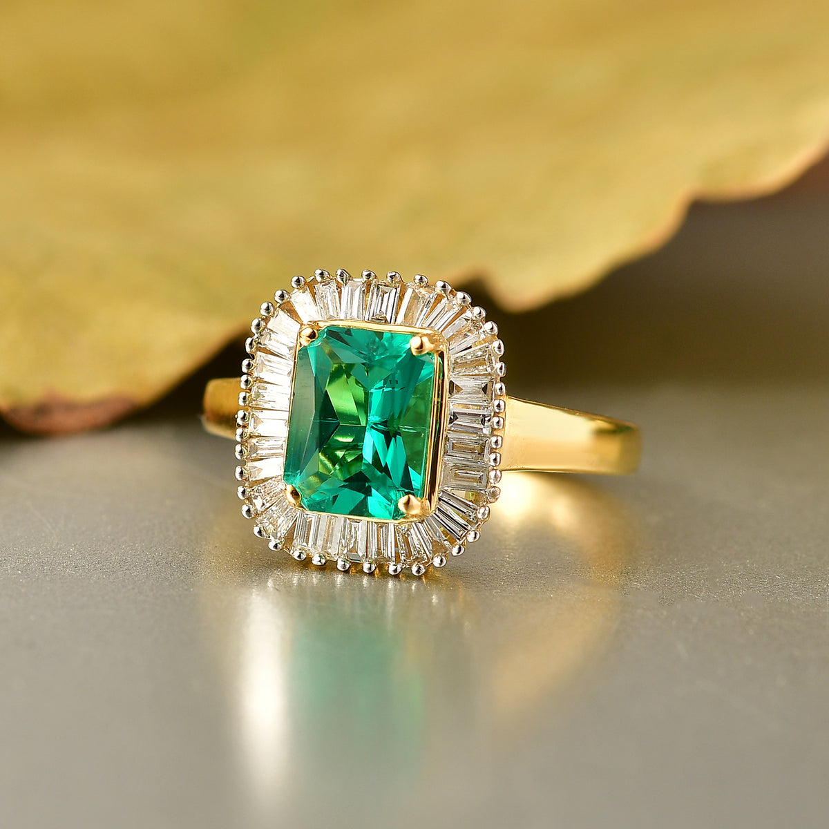 LUXURIANT AAAA Lab Grown Colombian Emerald, Lab Grown Diamond Halo Ring in 18K Vermeil Yellow Gold Plated Sterling Silver 1.83 Ct. (SI-GH) V32535036 3
