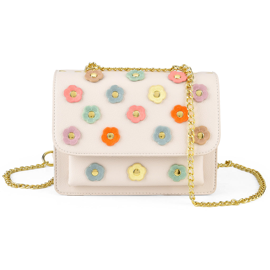 Designer Inspired-La Marey Floral Applique Sling Crossbody Bag with Chain Strap - White_8477979