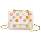 Designer Inspired-La Marey Floral Applique Sling Crossbody Bag with Chain Strap - White_8477979