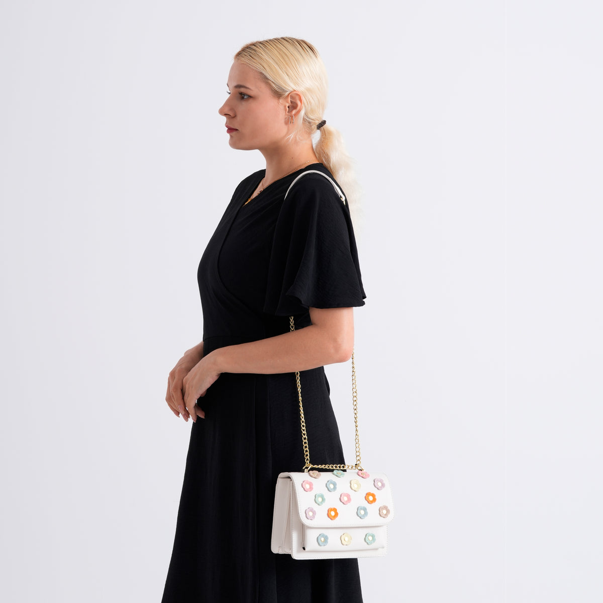 Designer Inspired-La Marey Floral Applique Sling Crossbody Bag with Chain Strap - White V32514481 2