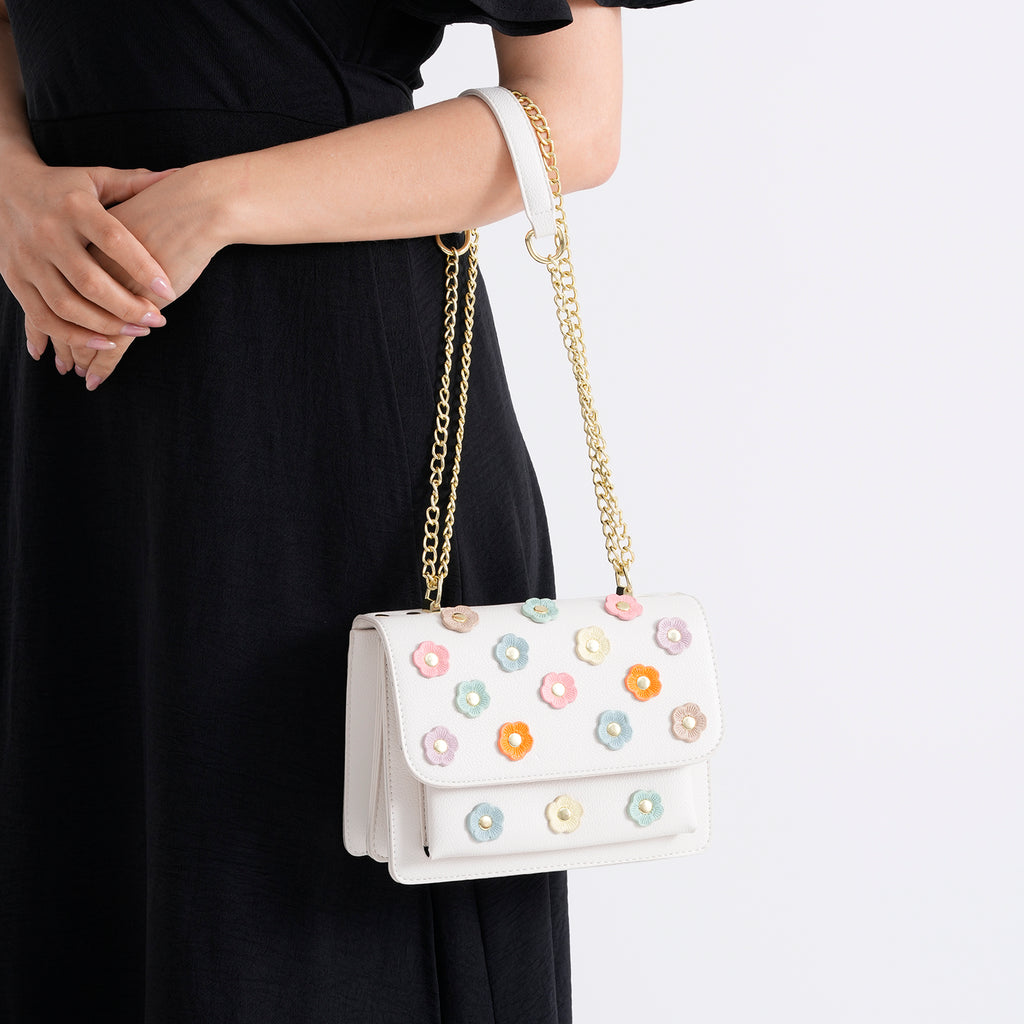 Designer Inspired-La Marey Floral Applique Sling Crossbody Bag with Chain Strap - White_8477979_3