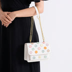 Designer Inspired-La Marey Floral Applique Sling Crossbody Bag with Chain Strap - White_8477979_3