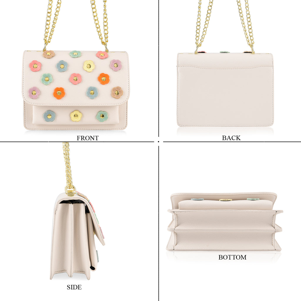 Designer Inspired-La Marey Floral Applique Sling Crossbody Bag with Chain Strap - White_8477979_4