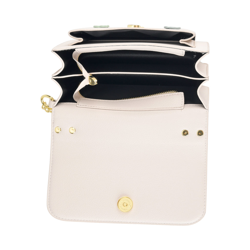 Designer Inspired-La Marey Floral Applique Sling Crossbody Bag with Chain Strap - White_8477979_5