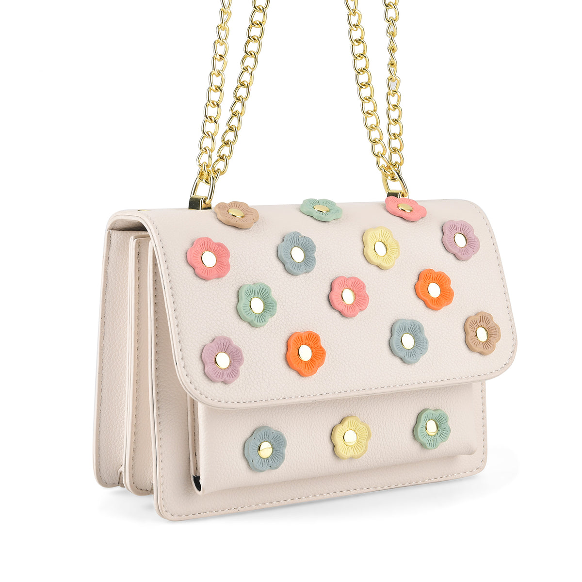 Designer Inspired-La Marey Floral Applique Sling Crossbody Bag with Chain Strap - White V32514481 7