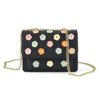 Designer Inspired-La Marey Floral Applique Sling Crossbody Bag with Chain Strap - Black_8477980