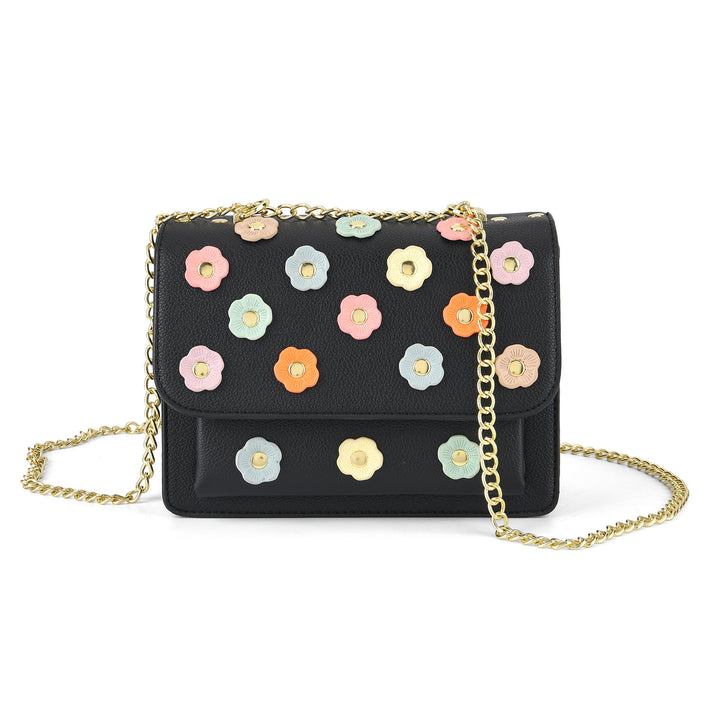 Designer Inspired-La Marey Floral Applique Sling Crossbody Bag with Chain Strap - Black 8477980 1