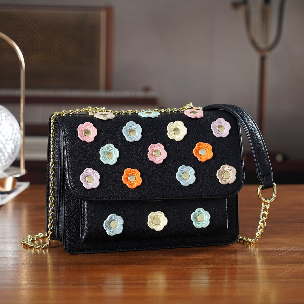 Designer Inspired-La Marey Floral Applique Sling Crossbody Bag with Chain Strap - Black_8477980_1