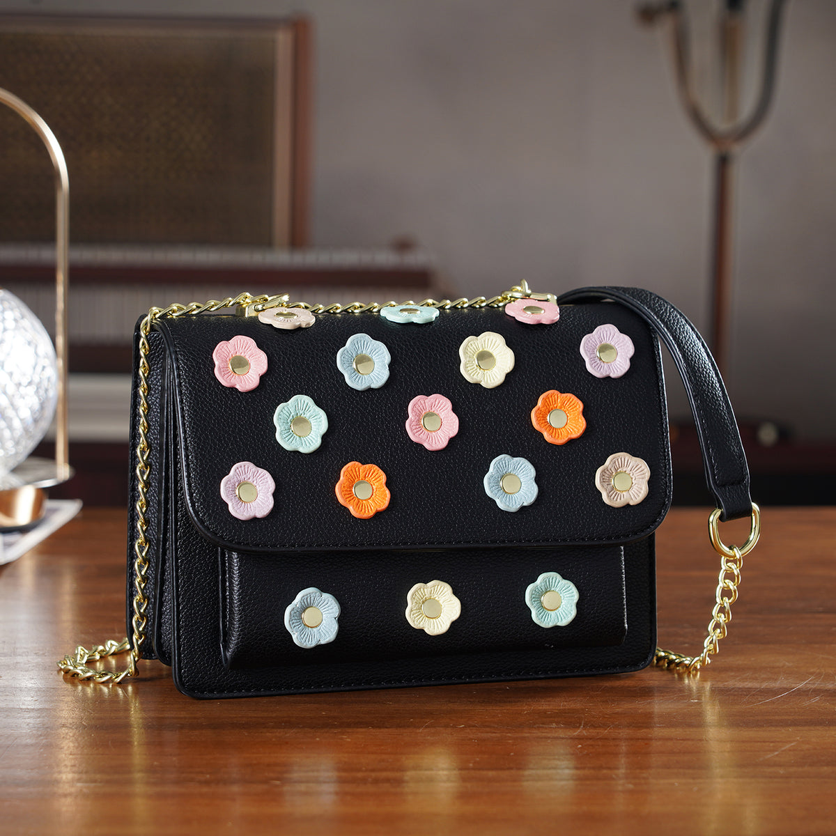 Designer Inspired-La Marey Floral Applique Sling Crossbody Bag with Chain Strap - Black V32514187 2