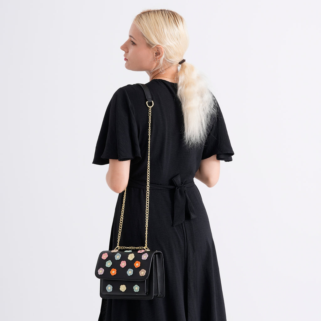 Designer Inspired-La Marey Floral Applique Sling Crossbody Bag with Chain Strap - Black_8477980_2