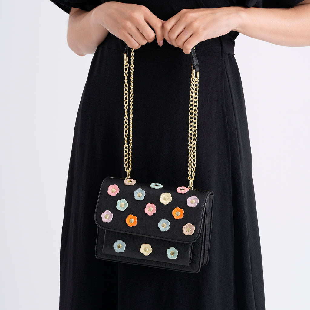 Designer Inspired-La Marey Floral Applique Sling Crossbody Bag with Chain Strap - Black_8477980_3