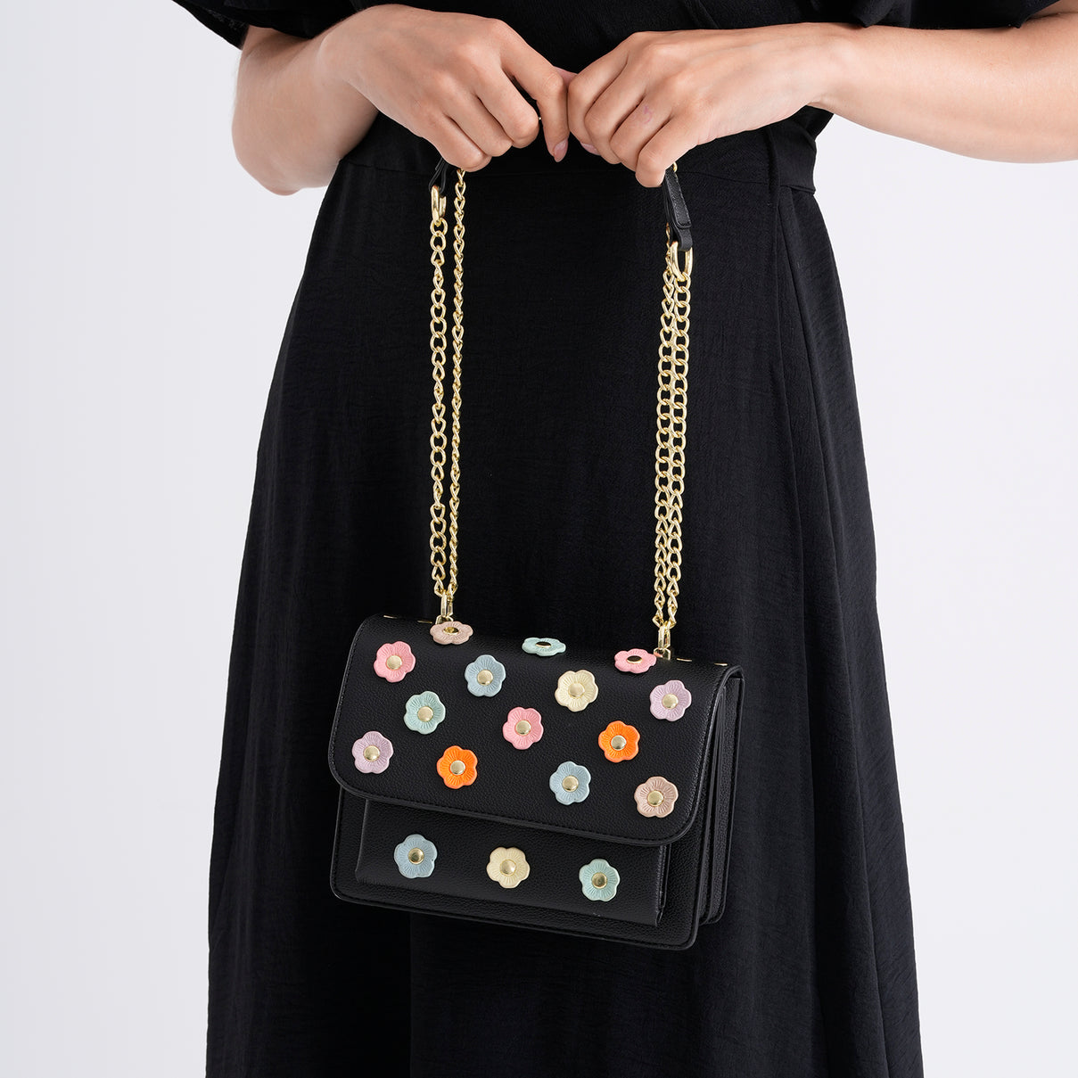 Designer Inspired-La Marey Floral Applique Sling Crossbody Bag with Chain Strap - Black V32514187 4