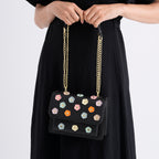 Designer Inspired-La Marey Floral Applique Sling Crossbody Bag with Chain Strap - Black_8477980_3