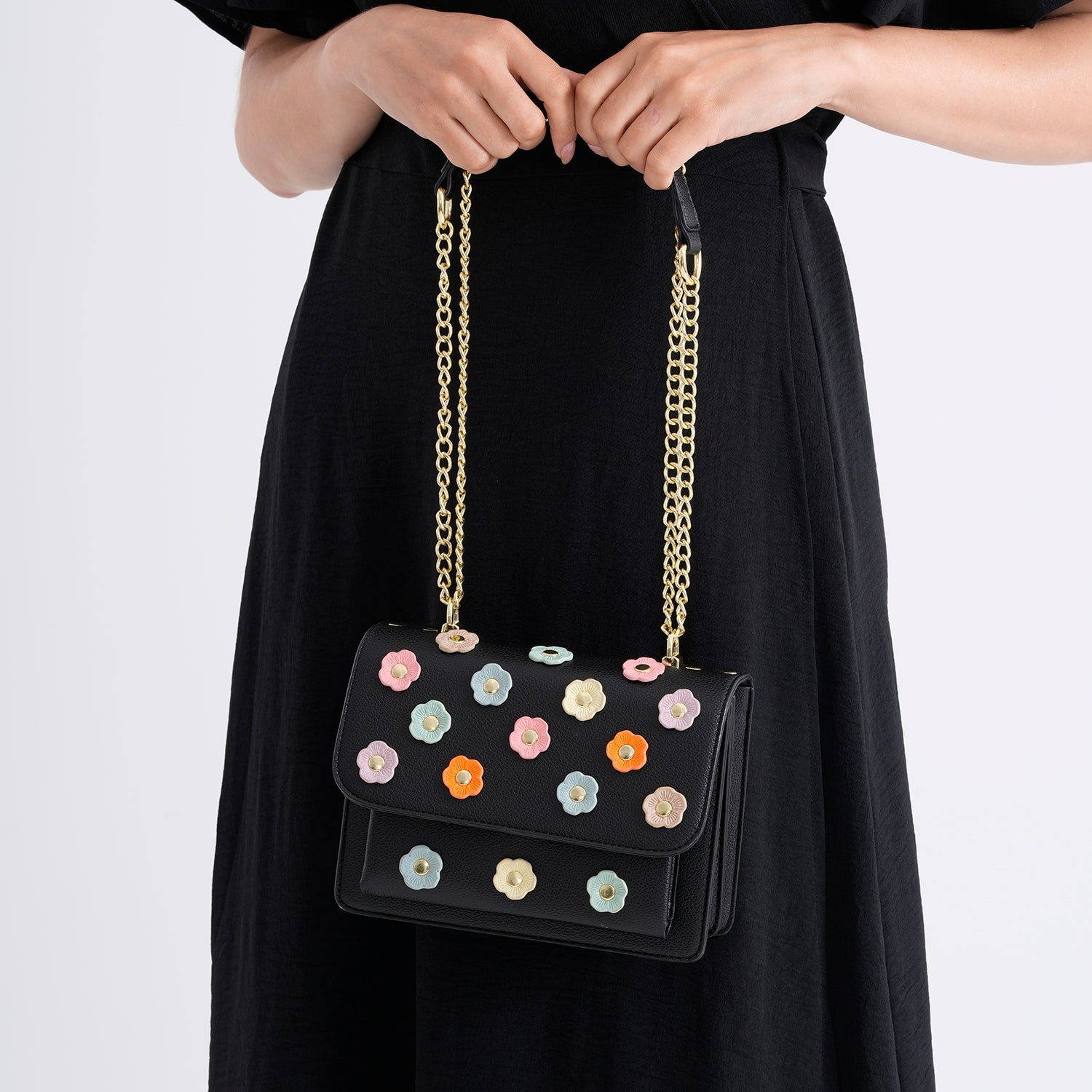 Designer Inspired-La Marey Floral Applique Sling Crossbody Bag with Chain Strap - Black V32514187 4