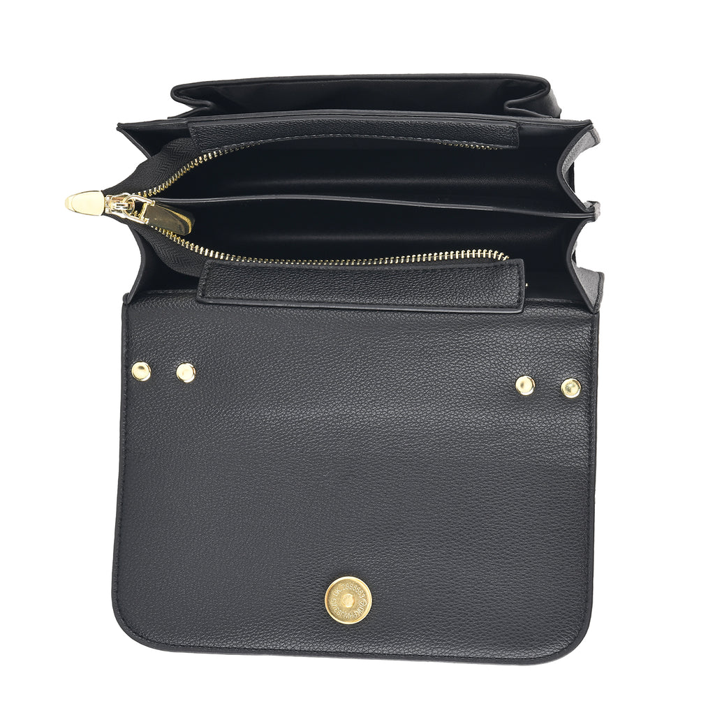 Designer Inspired-La Marey Floral Applique Sling Crossbody Bag with Chain Strap - Black_8477980_5