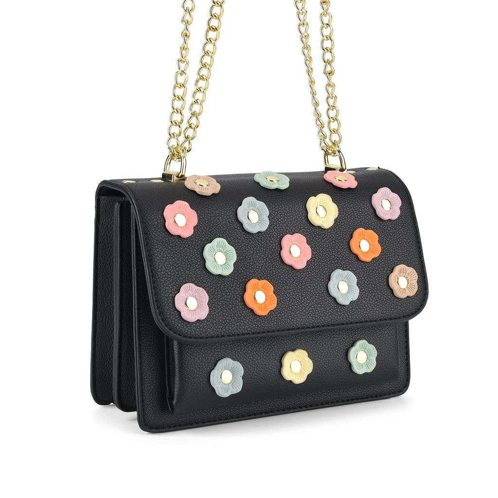 Designer Inspired-La Marey Floral Applique Sling Crossbody Bag with Chain Strap - Black_8477980_7