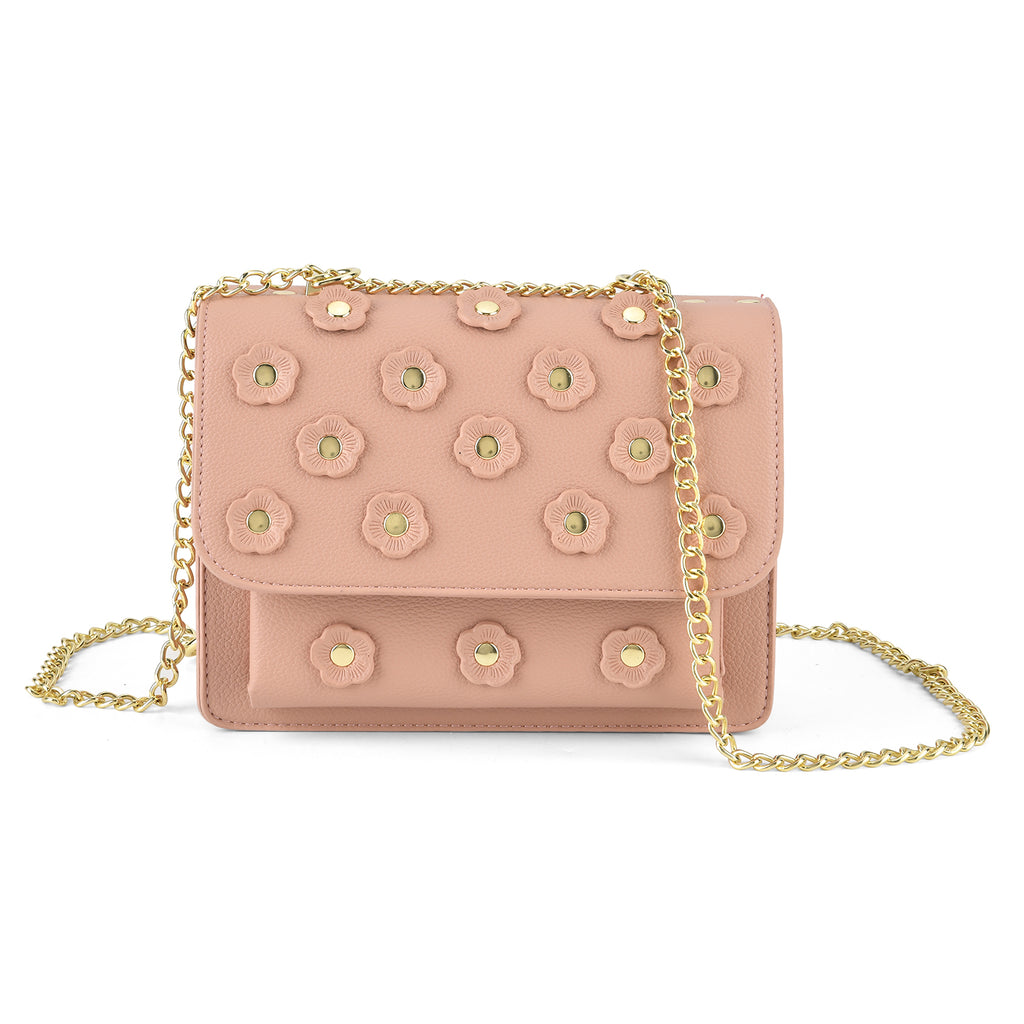 Designer Inspired-La Marey Floral Applique Sling Crossbody Bag with Chain Strap - Pink_8477981