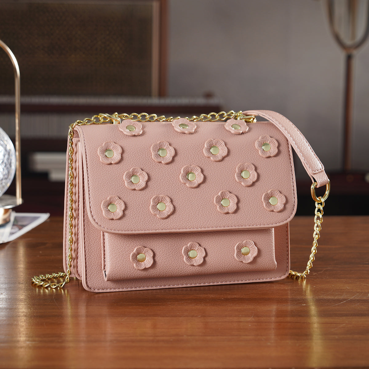Designer Inspired-La Marey Floral Applique Sling Crossbody Bag with Chain Strap - Pink V32537775 2