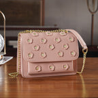 Designer Inspired-La Marey Floral Applique Sling Crossbody Bag with Chain Strap - Pink_8477981_1