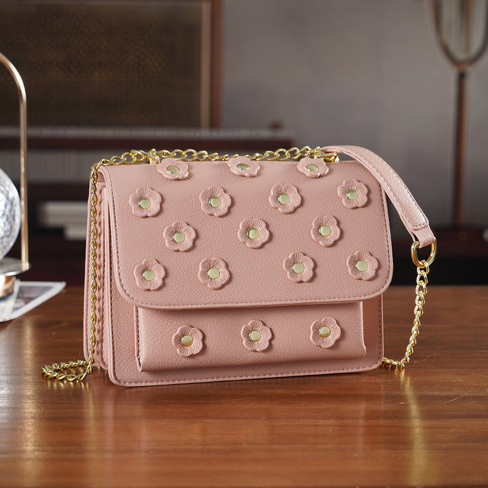 Designer Inspired-La Marey Floral Applique Sling Crossbody Bag with Chain Strap - Blue 8477982 2