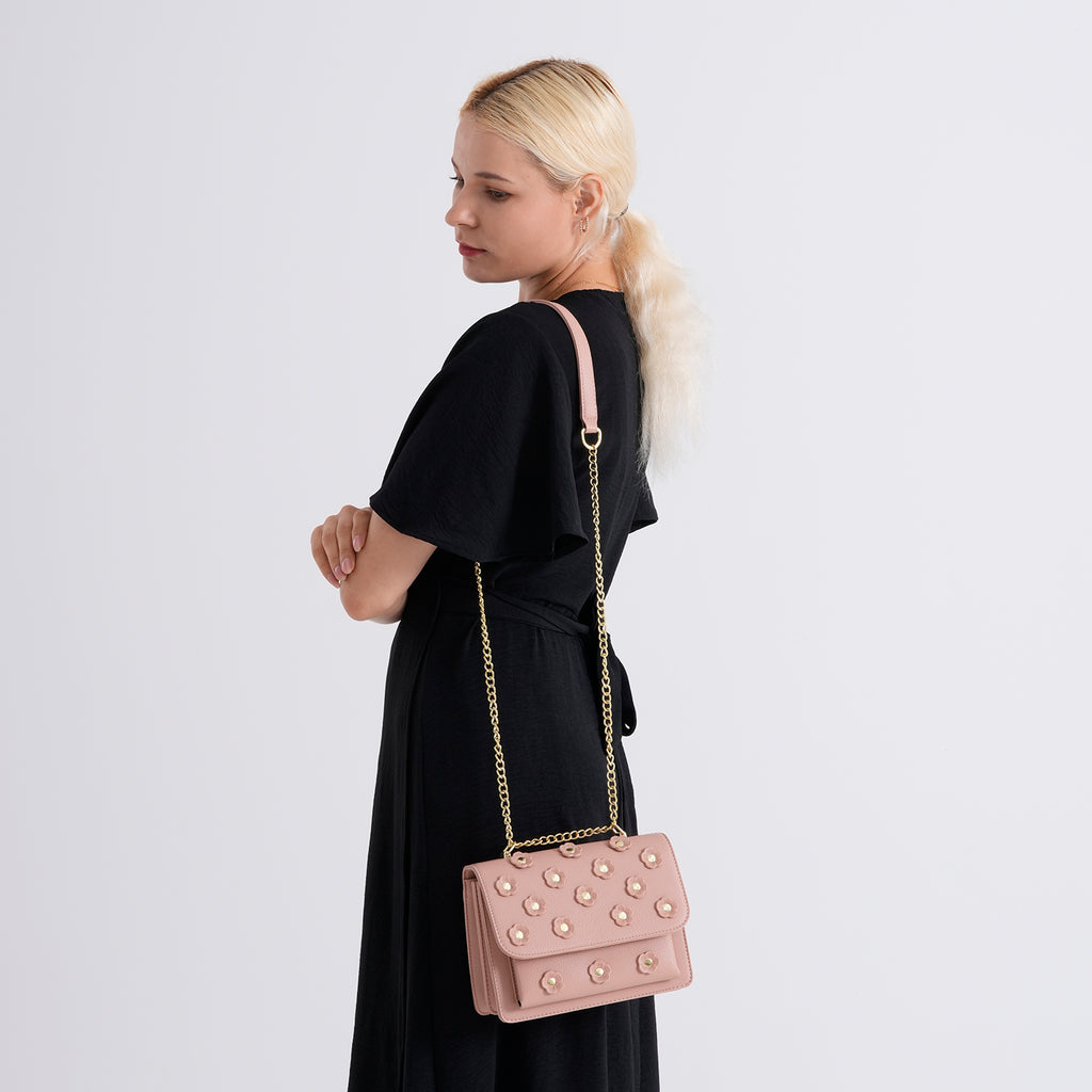Designer Inspired-La Marey Floral Applique Sling Crossbody Bag with Chain Strap - Pink_8477981_2
