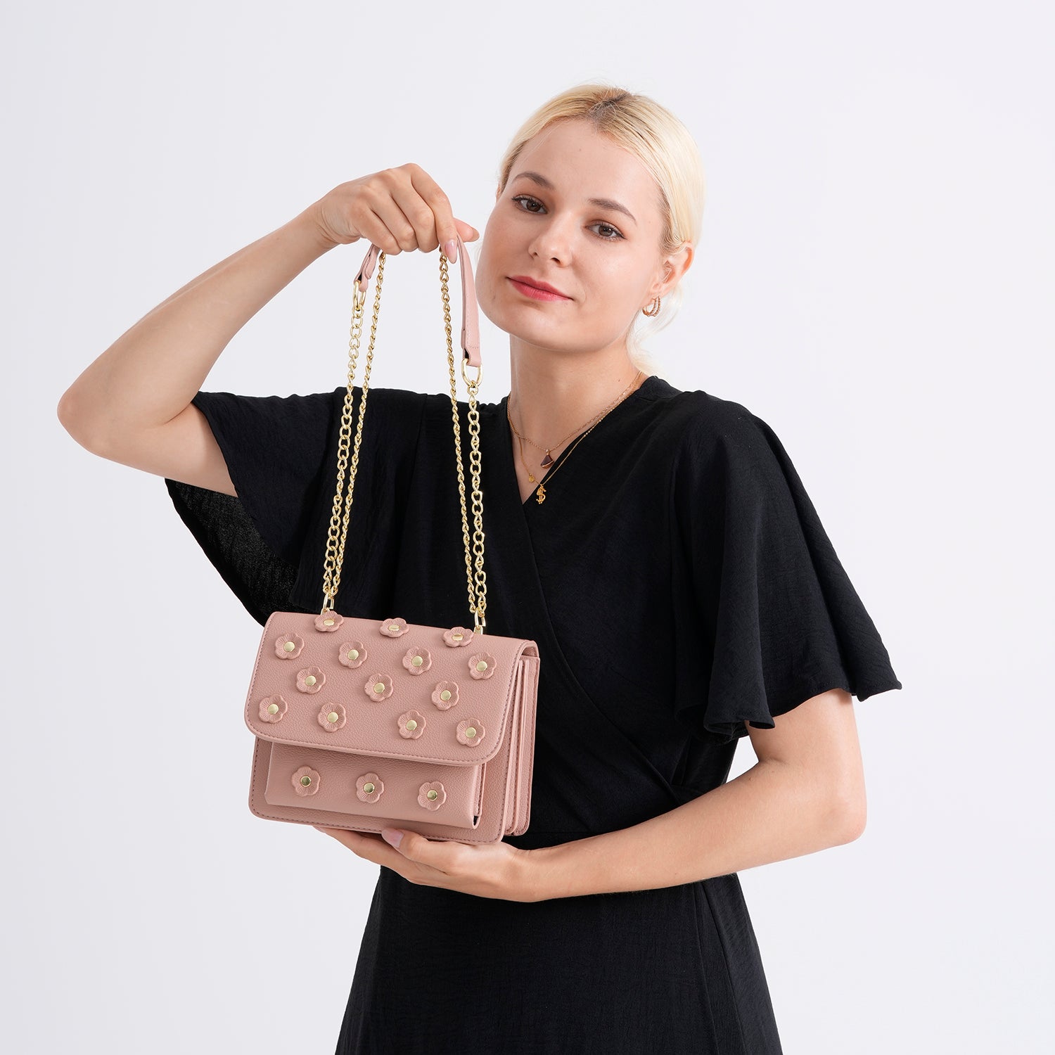 Designer Inspired-La Marey Floral Applique Sling Crossbody Bag with Chain Strap - Pink V32537775 4