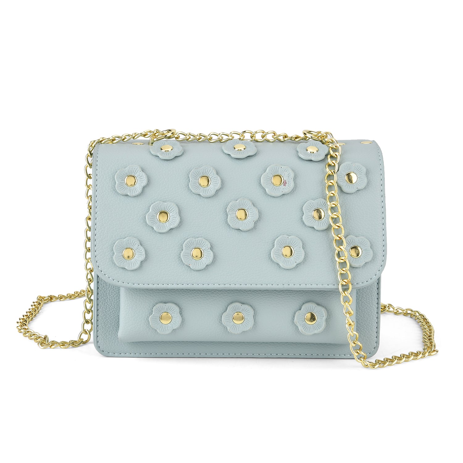 Designer Inspired-La Marey Floral Applique Sling Crossbody Bag with Chain Strap - Blue 8477982 0