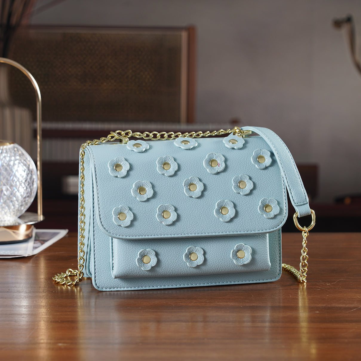 Designer Inspired-La Marey Floral Applique Sling Crossbody Bag with Chain Strap - Blue 8477982 2