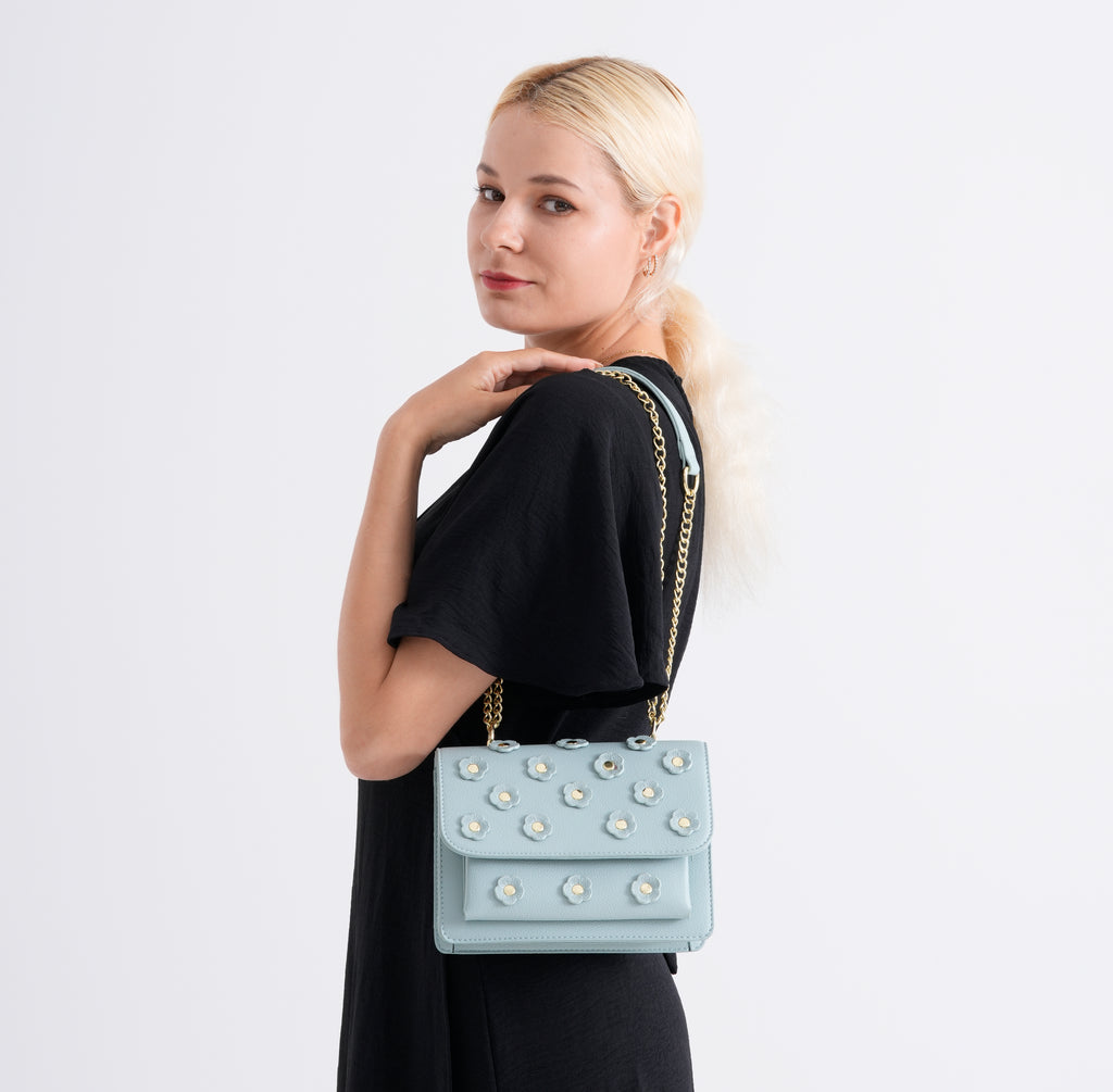 Designer Inspired-La Marey Floral Applique Sling Crossbody Bag with Chain Strap - Blue_8477982_2