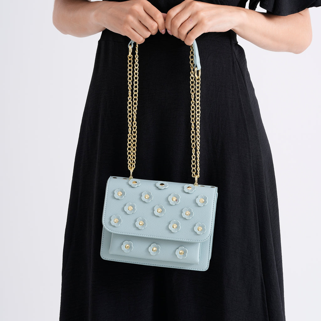 Designer Inspired-La Marey Floral Applique Sling Crossbody Bag with Chain Strap - Blue_8477982_3