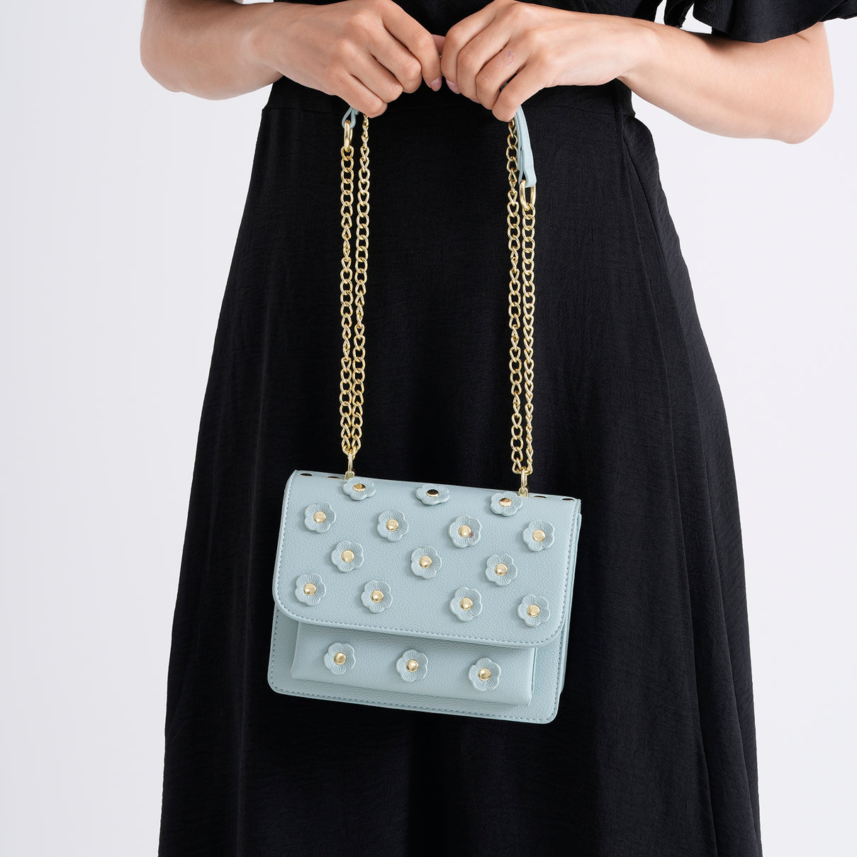 Designer Inspired-La Marey Floral Applique Sling Crossbody Bag with Chain Strap - Blue 8477982 4