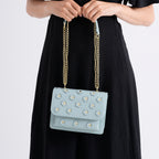 Designer Inspired-La Marey Floral Applique Sling Crossbody Bag with Chain Strap - Blue_8477982_3