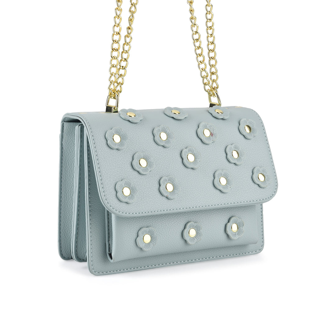 Designer Inspired-La Marey Floral Applique Sling Crossbody Bag with Chain Strap - Blue_8477982_7