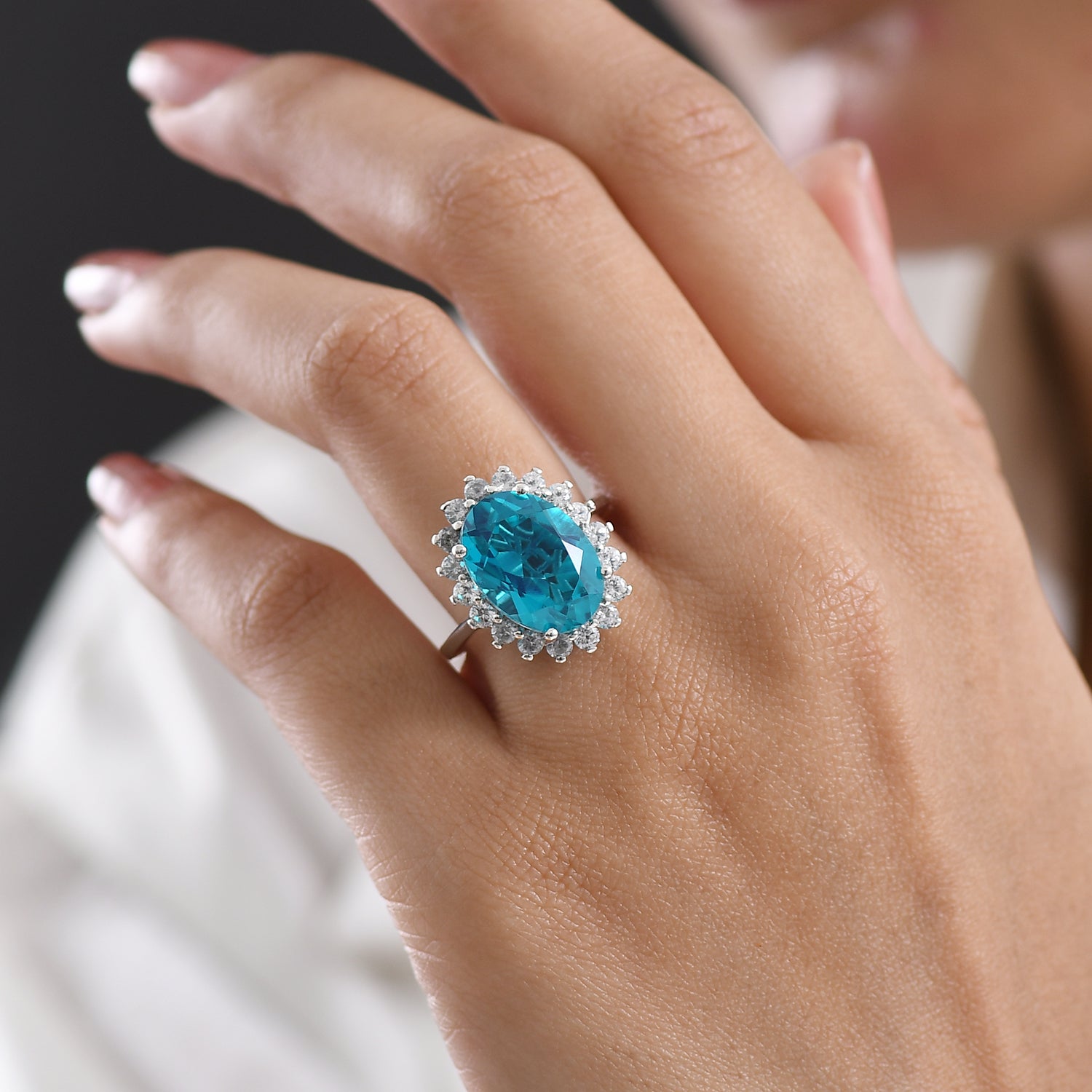D'Joy Capri Blue Triplet Quartz &amp; White Zircon Halo Ring in Rhodium Overlay Sterling Silver 7.27 Ct. V32533739 2