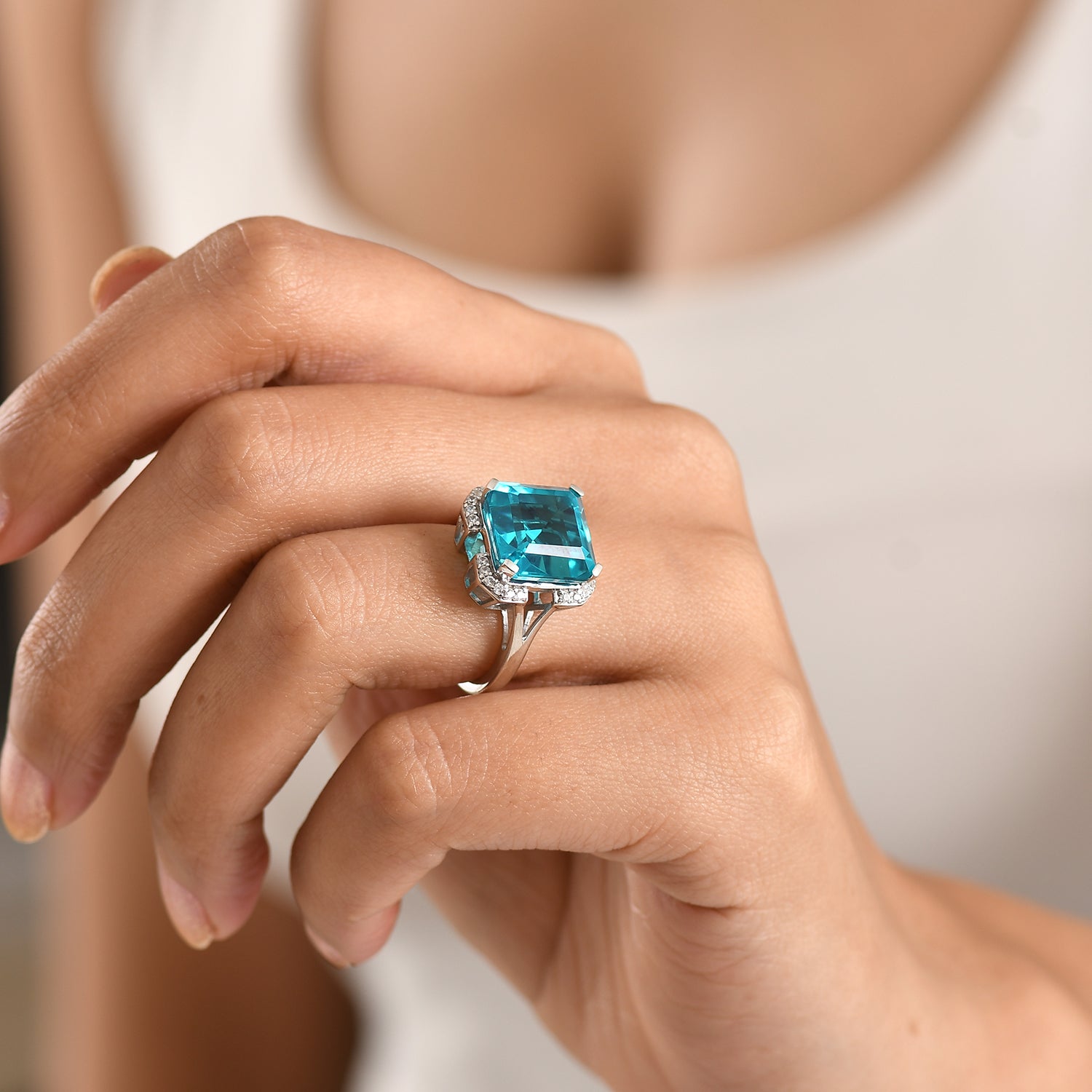 D'Joy Capri Blue Triplet Quartz &amp; White Zircon Ring in Platinum Overlay Sterling Silver 9.00 Ct. V32537761 2