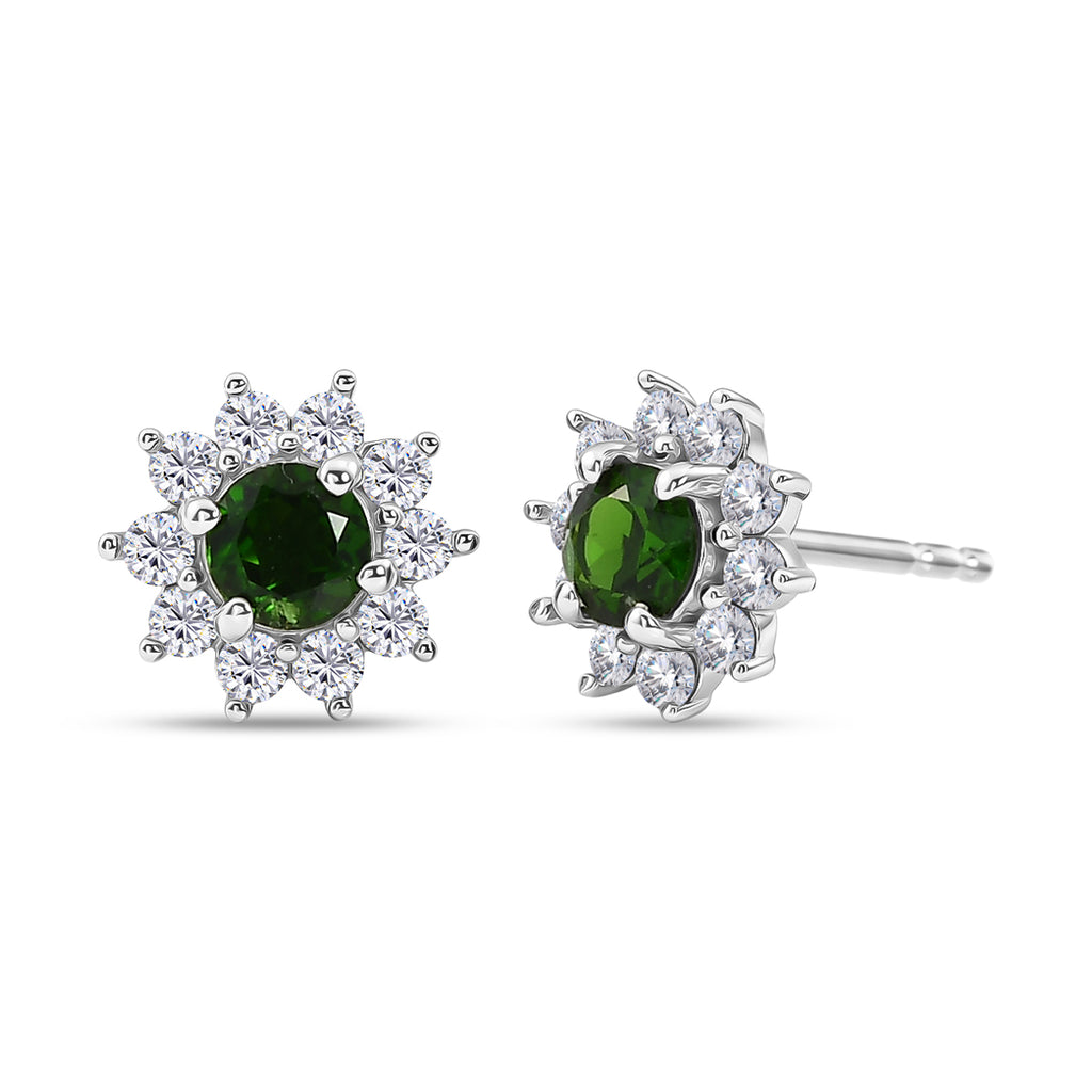 Natural Chrome Diopside & White Zircon Halo Earring with Push Back in Platinum Overlay Sterling Silver 1.30 Ct._8478483