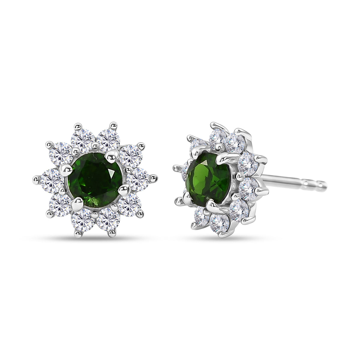 Natural Chrome Diopside &amp; White Zircon Halo Earring with Push Back in Platinum Overlay Sterling Silver 1.30 Ct. V32521241 0