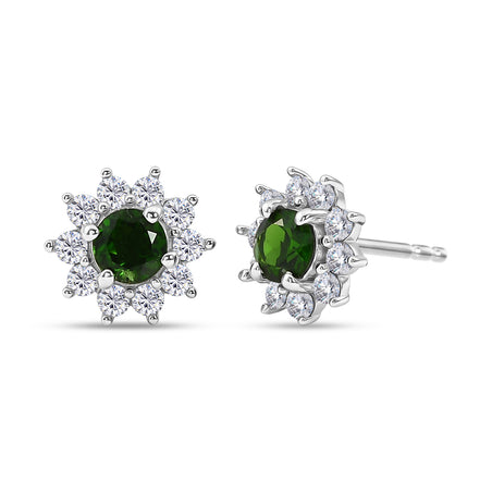 Natural Chrome Diopside &amp; White Zircon Halo Earring with Push Back in Platinum Overlay Sterling Silver 1.30 Ct. 8478483 1