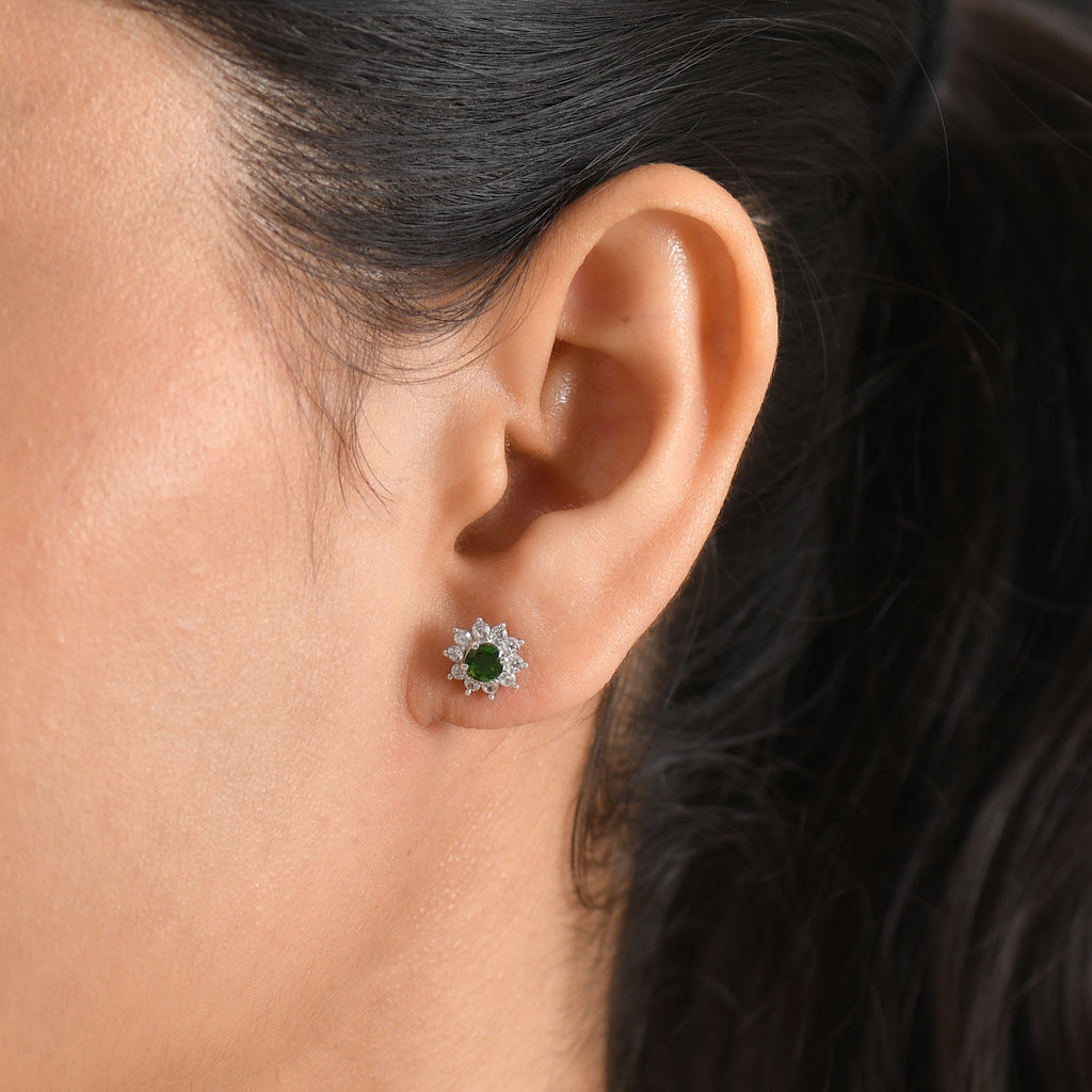 Natural Chrome Diopside & White Zircon Halo Earring with Push Back in Platinum Overlay Sterling Silver 1.30 Ct._8478483_1