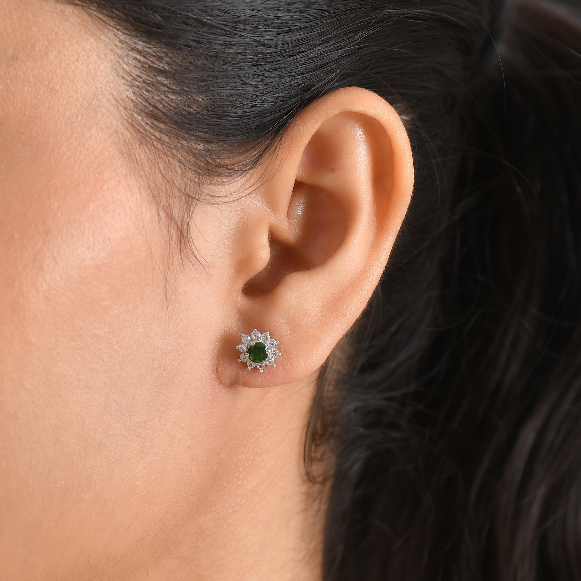 Natural Chrome Diopside &amp; White Zircon Halo Earring with Push Back in Platinum Overlay Sterling Silver 1.30 Ct. V32521241 2