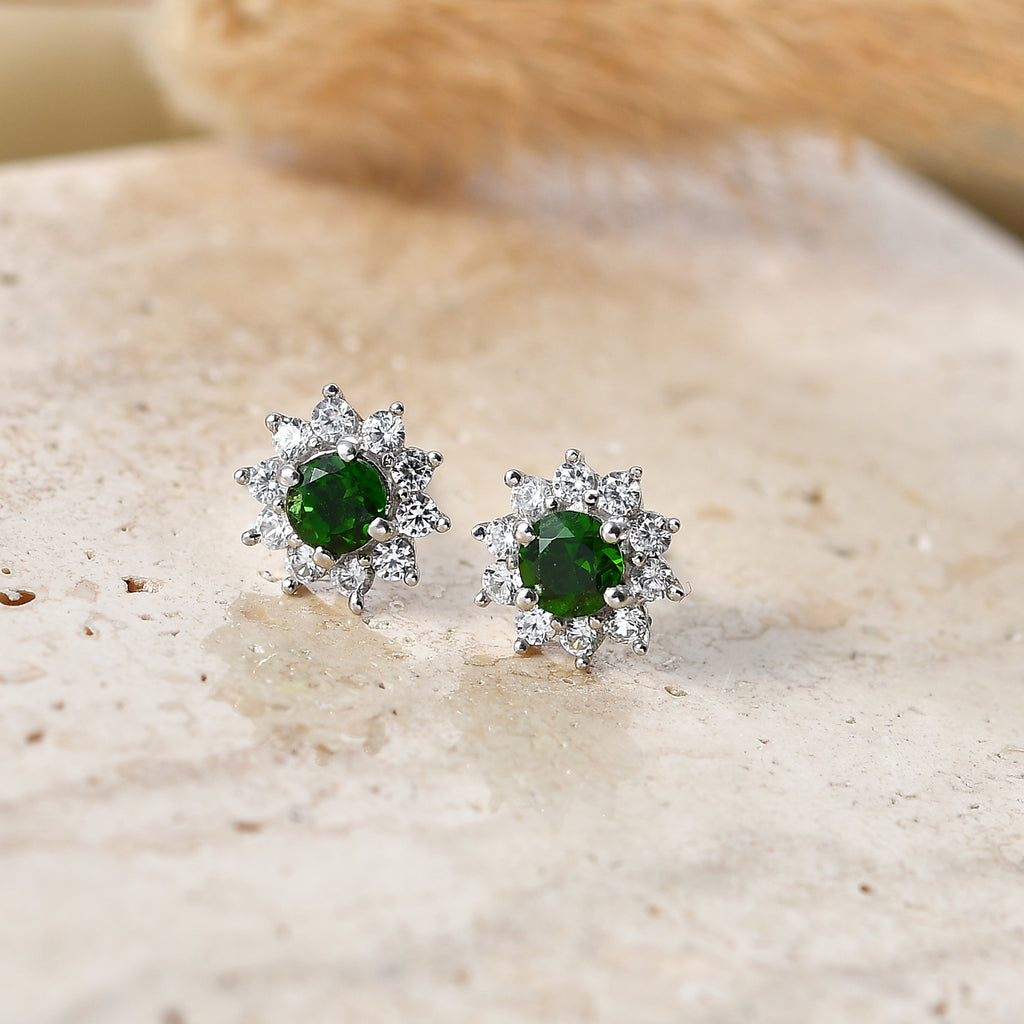 Natural Chrome Diopside & White Zircon Halo Earring with Push Back in Platinum Overlay Sterling Silver 1.30 Ct._8478483_2