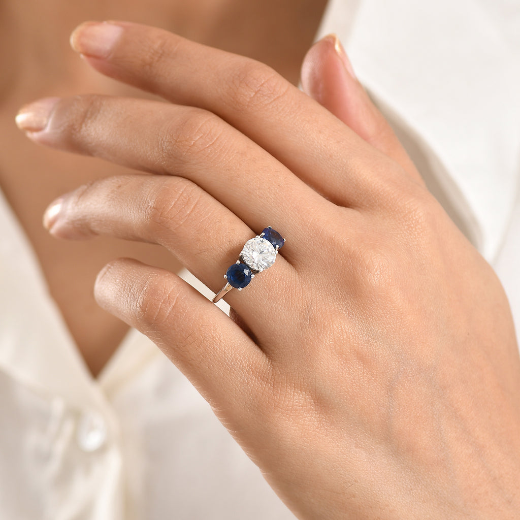 Designer Inspired- Natural Kyanite and Moissanite 3 Stone Ring in Rhodium Overlay Sterling Silver 4.03 Ct._8479414_1