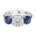 Designer Inspired - AAA Natural Kashmir Kyanite & Moissanite Trilogy Ring in Rhodium Overlay Sterling Silver 4.03 Ct._8479415