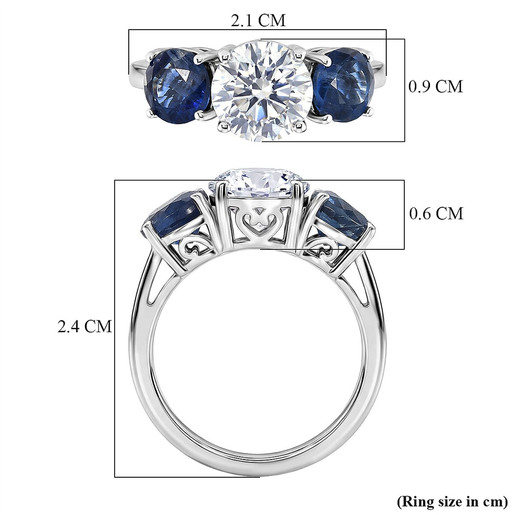 Designer Inspired - AAA Natural Kashmir Kyanite & Moissanite Trilogy Ring in Rhodium Overlay Sterling Silver 4.03 Ct._8479415_5