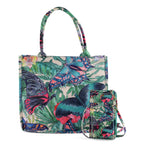Set of 2 - Butterfly & Tropical Palm Print RFID Blocking Tote Bag & Cellphone Purse - Green & Multi_8479523