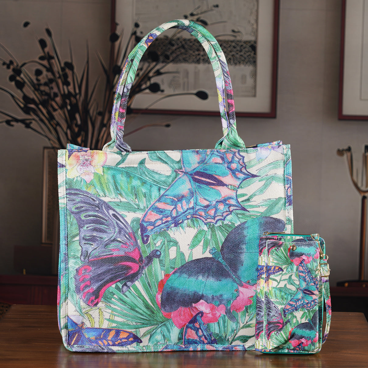 Set of 2 - Butterfly &amp; Tropical Palm Print RFID Blocking Tote Bag &amp; Cellphone Purse - Green &amp; Multi V32513543 2